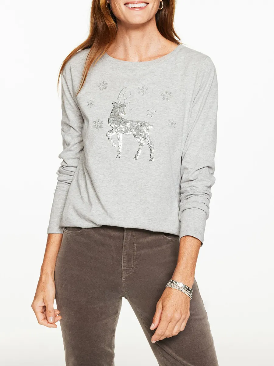 Women'S Sequined Reindeer Pattern Crew Neck Long-Sleeved T-Shirt