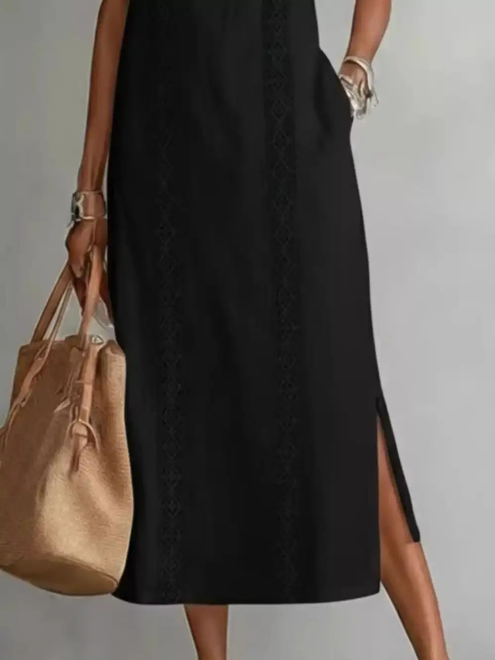 Sleeveless Lace Trim Pocketed Midi Dress