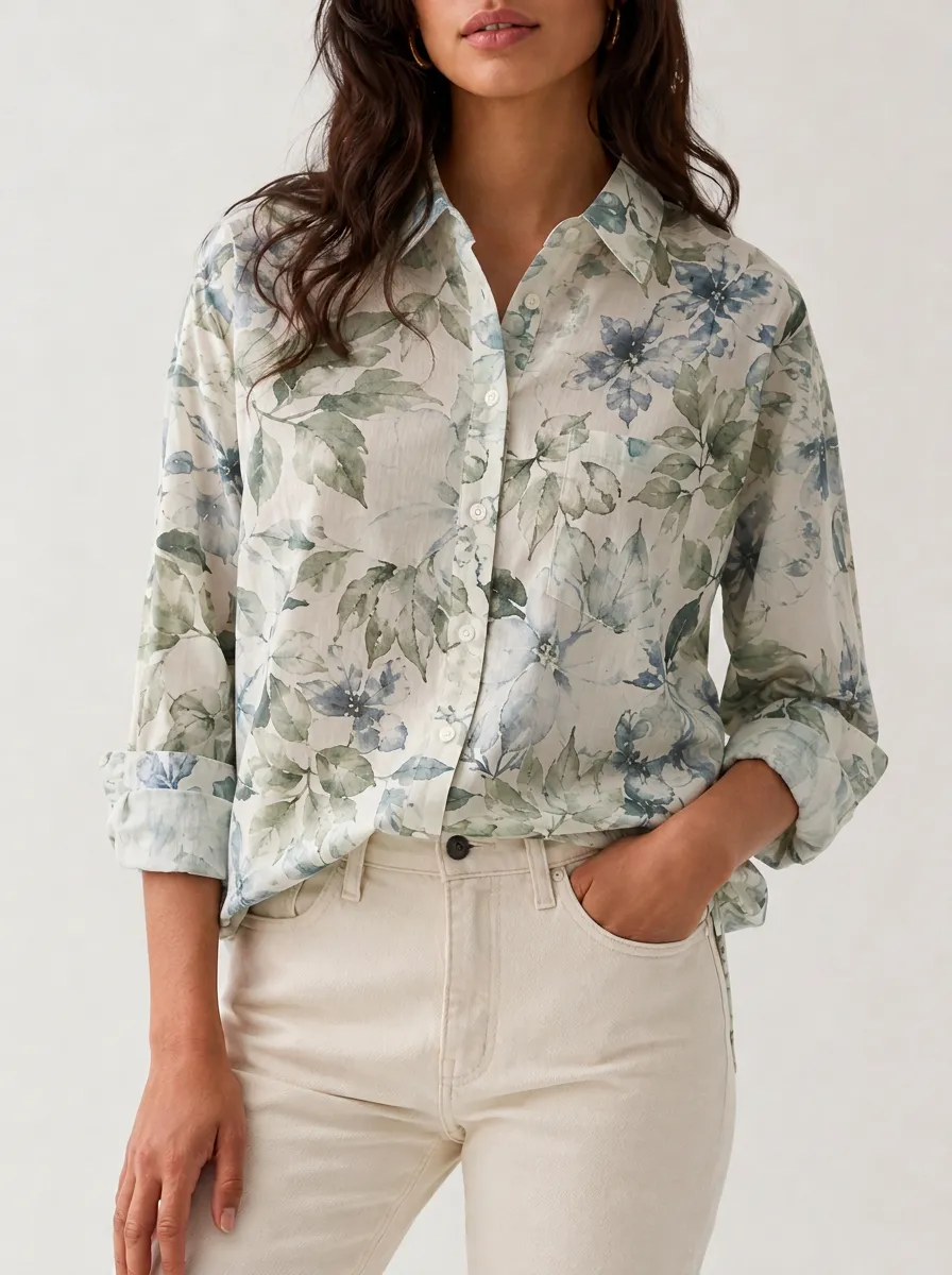 Women's Botanical Floral Point Collar Chest Pocket Button Cuffs Shirt
