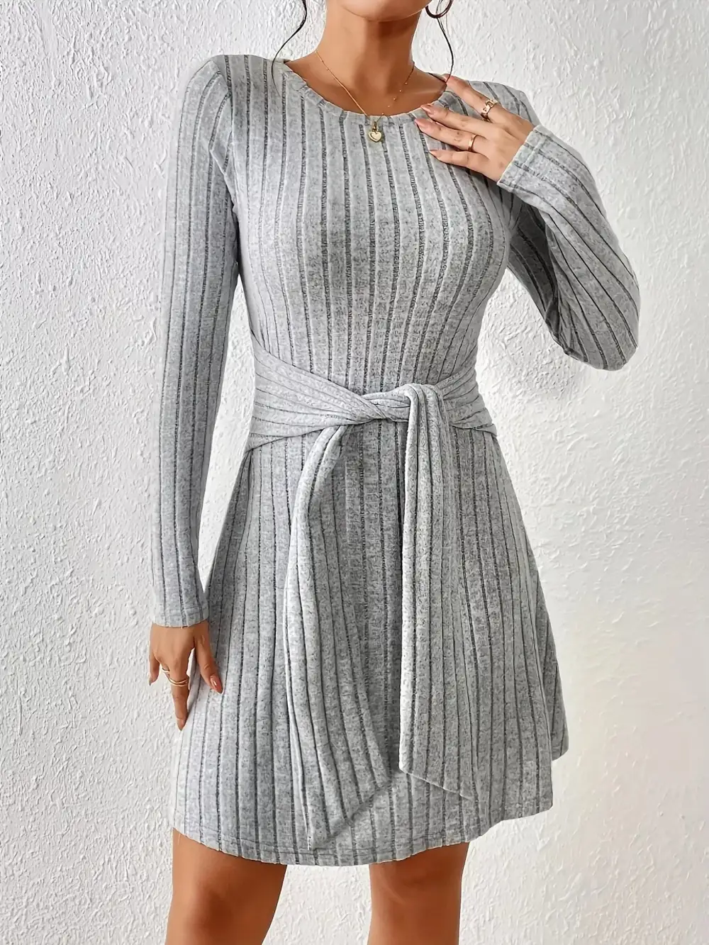 Ribbed Knit Tie Waist Sweater Dress