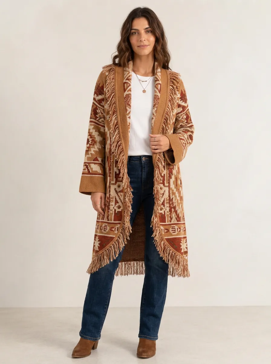 Women's Geometric Pattern Fringe Cardigan Open-Front