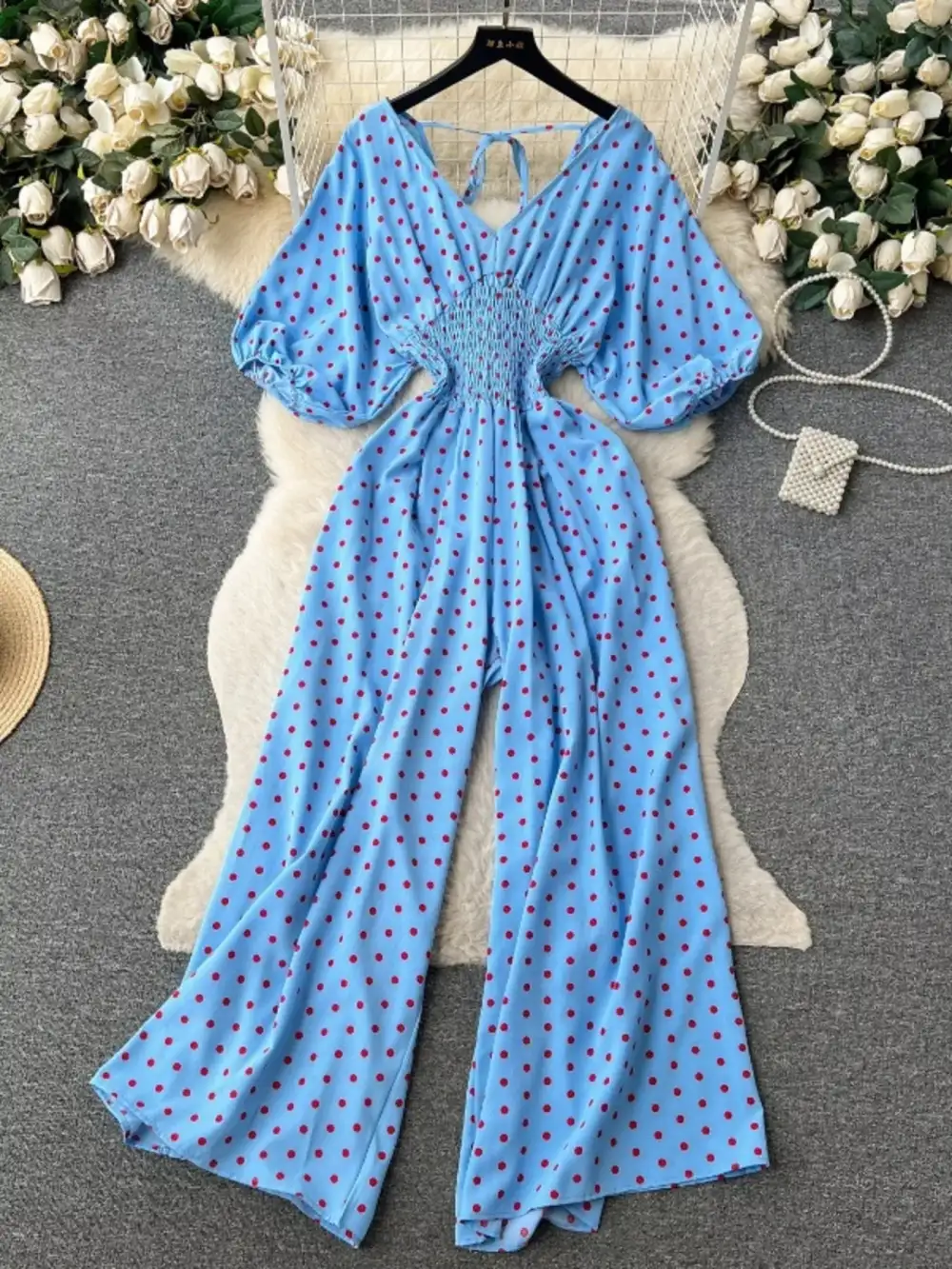 Smocked V Neck Wide Leg Jumpsuit