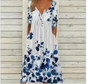 Casual Long-sleeve Button Print White Floral Dress