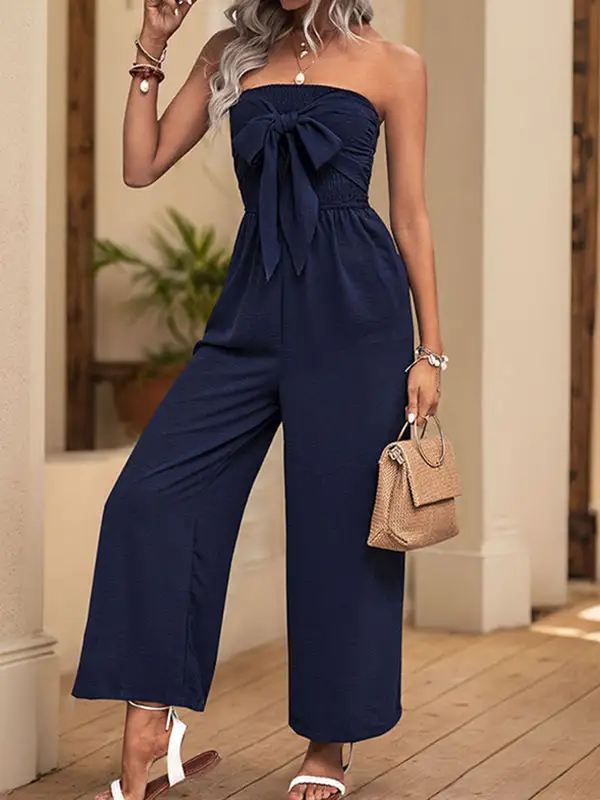 Mouwloze Geplooide Effen Kleur Split Joint Tube Jumpsuits