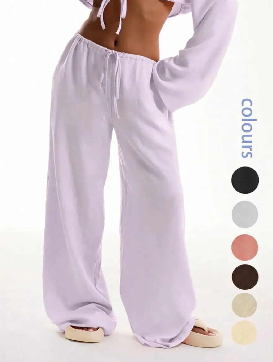 Casual Comfy Wide Leg Woven Trousers for Beach Vacation Holiday