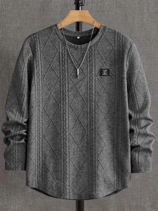 🔥Last Day 48% Off-Men's Regular Fit Patched Detail Textured Knit Tops, Casual Long Sleeve Round Neck T-shirt for All Seasons, Fashion Men's Knit Top for Daily Wear