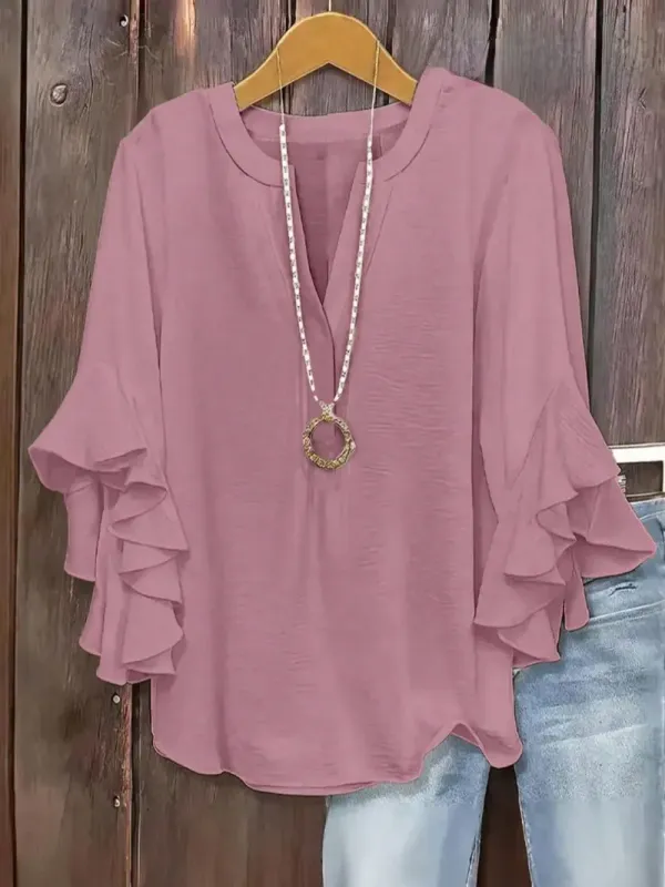 Plus-Size Women's Slim-Fit Shirt With Ruffled Sleeves And V-Neck