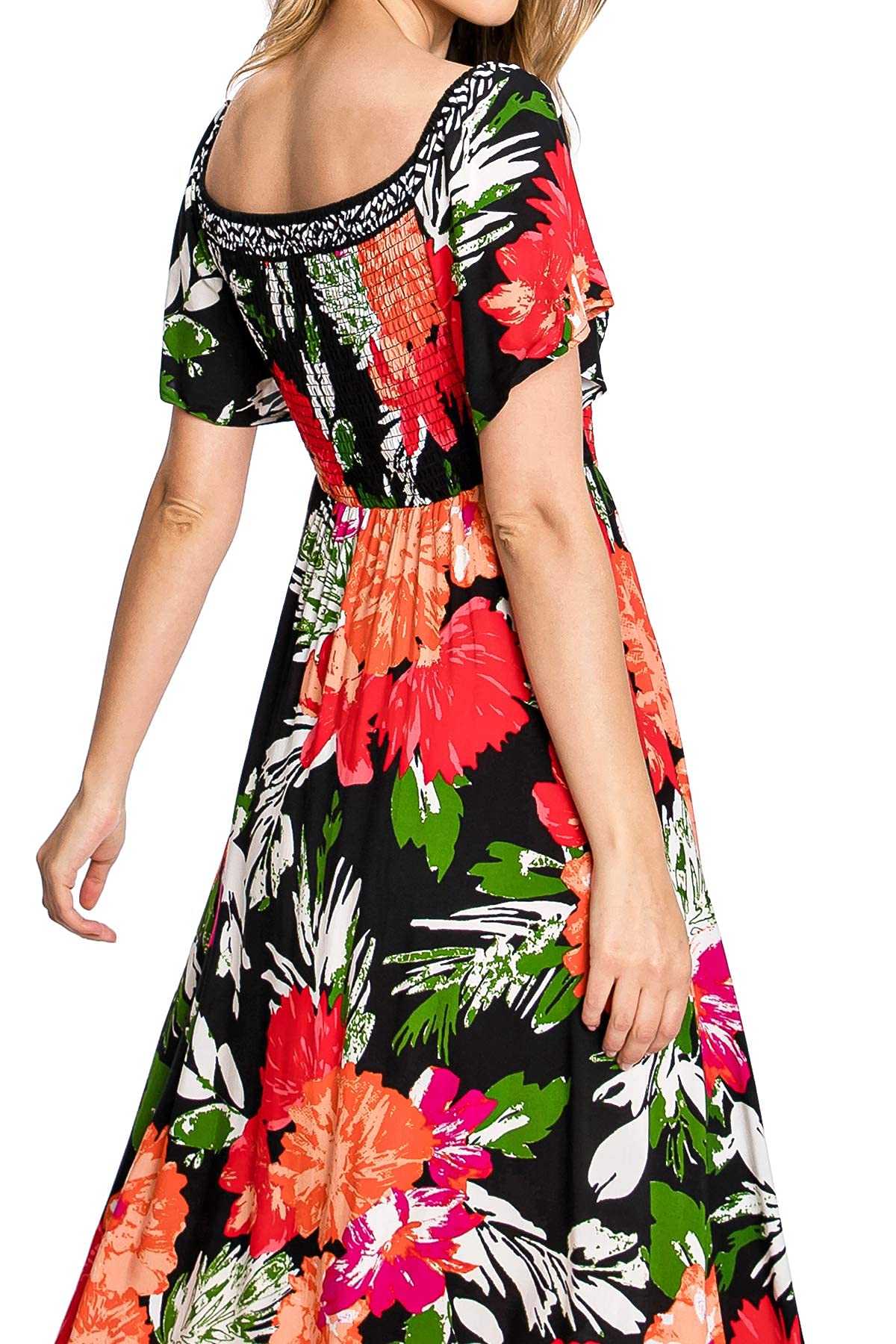 Black and Red Floral Off - Shoulder Dress