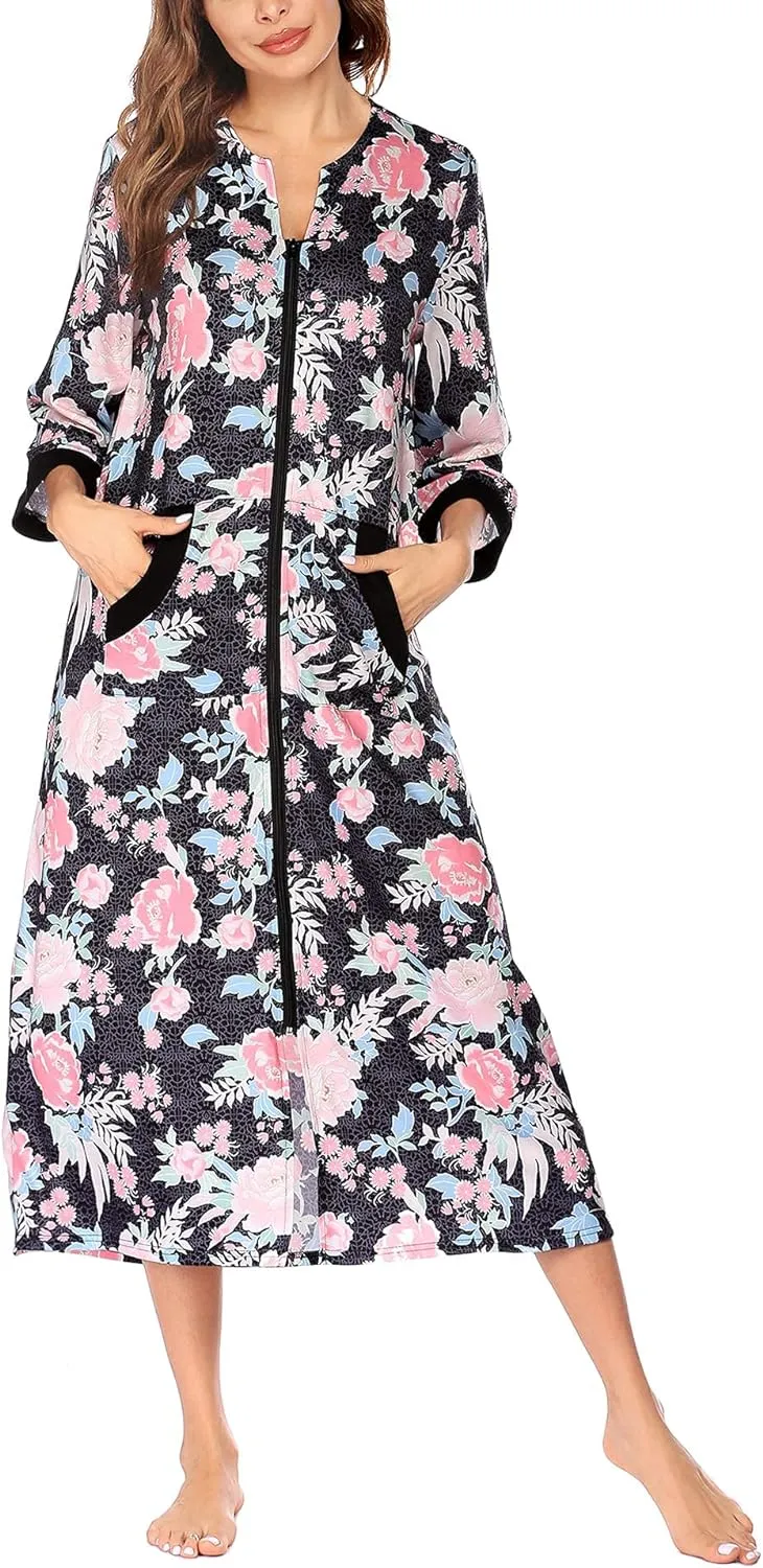 50% OFF Women Zipper Robe 3/4 Sleeves Loungewear Dress Full Length Sleepwear Pockets Housecoat Nightgown Long Bathrobe