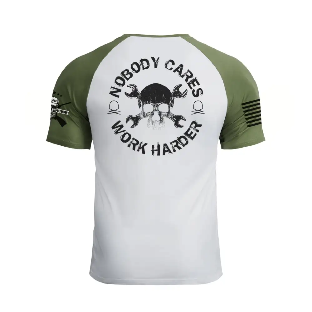 NOBODY CARES WORK HARDER 100% COTTON RAGLAN GRAPHIC TEE