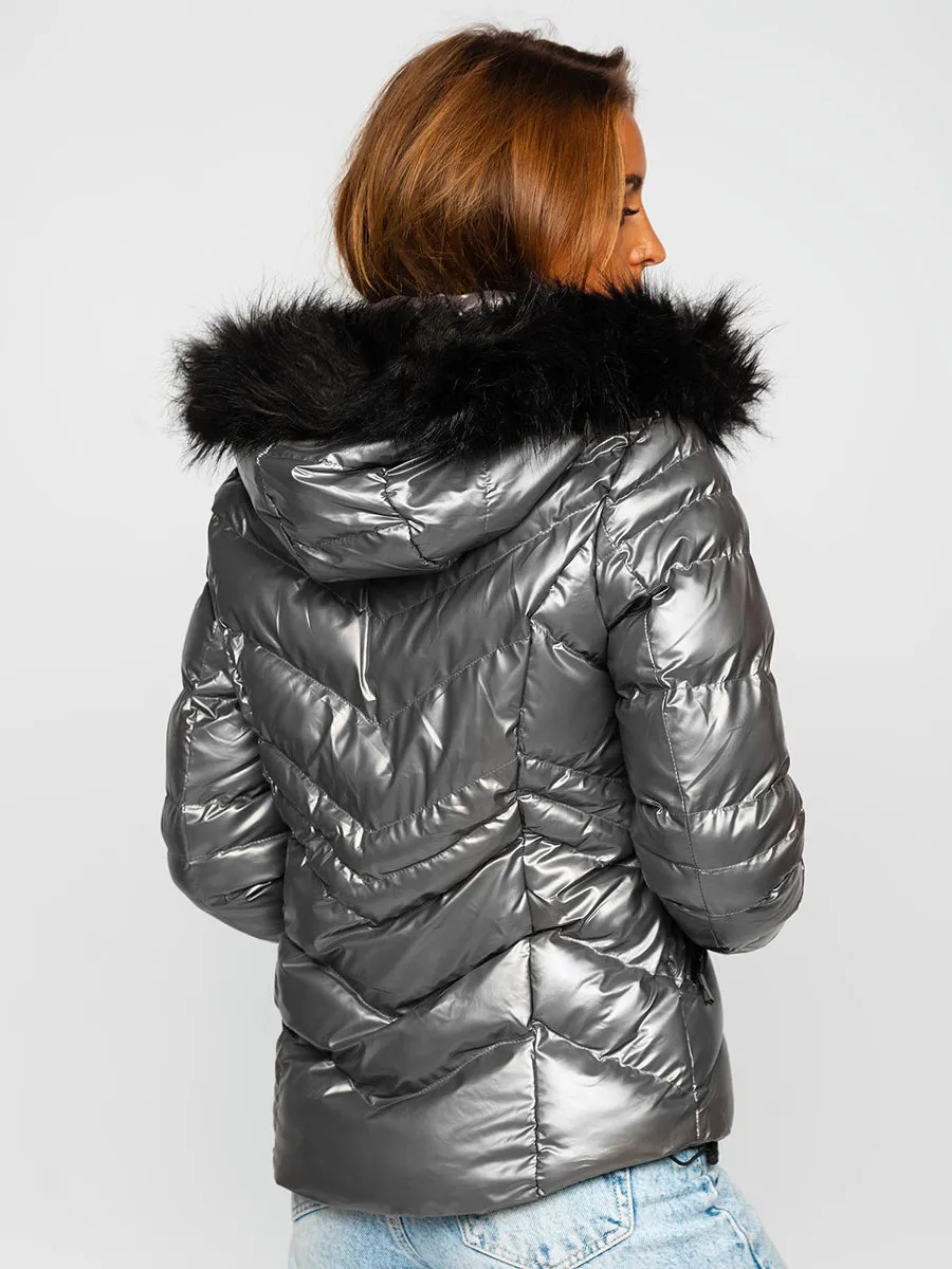 women's gray quilted winter jacket with hood