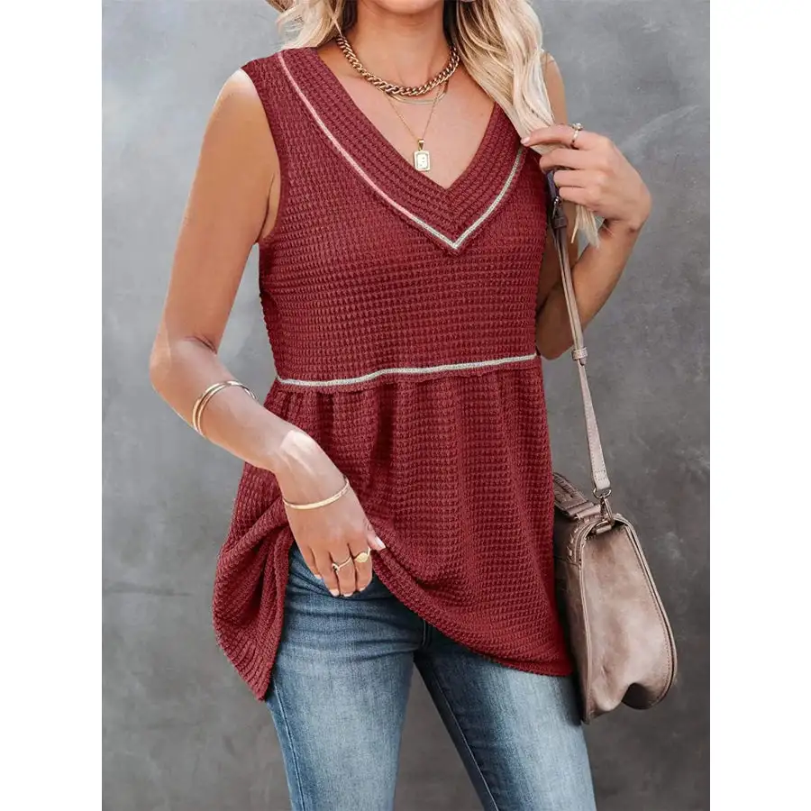 V Neck Waffle Knit Tank Top With