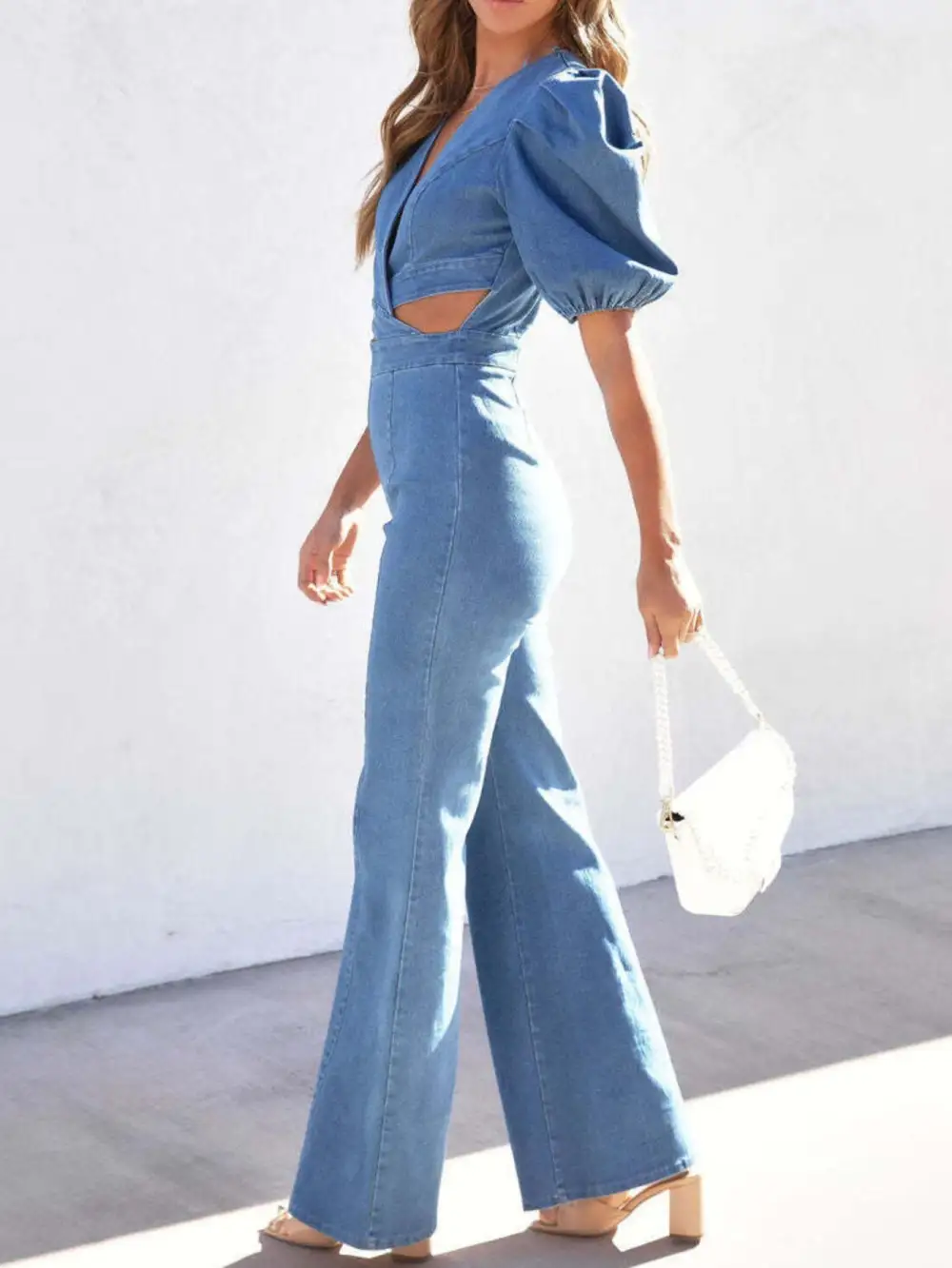 Panel Detail Puff Sleeve Jumpsuit Denim Pants