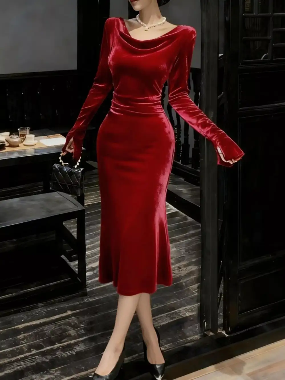 Velvet Long Sleeve Midi Dress