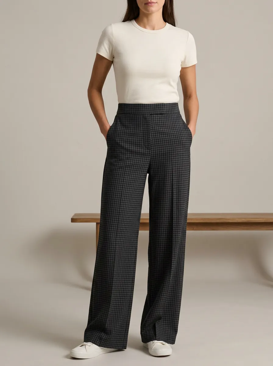 Wide-Leg Gingham Printed Women's Wide-Leg Pants