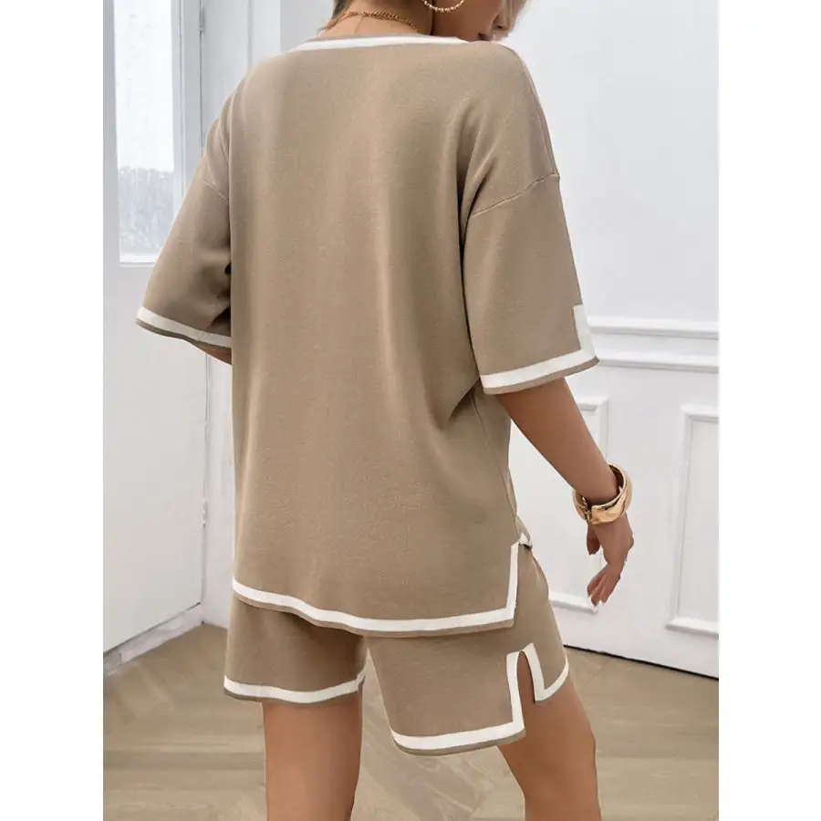 Contrast Trim V Neck Top and Shorts Set