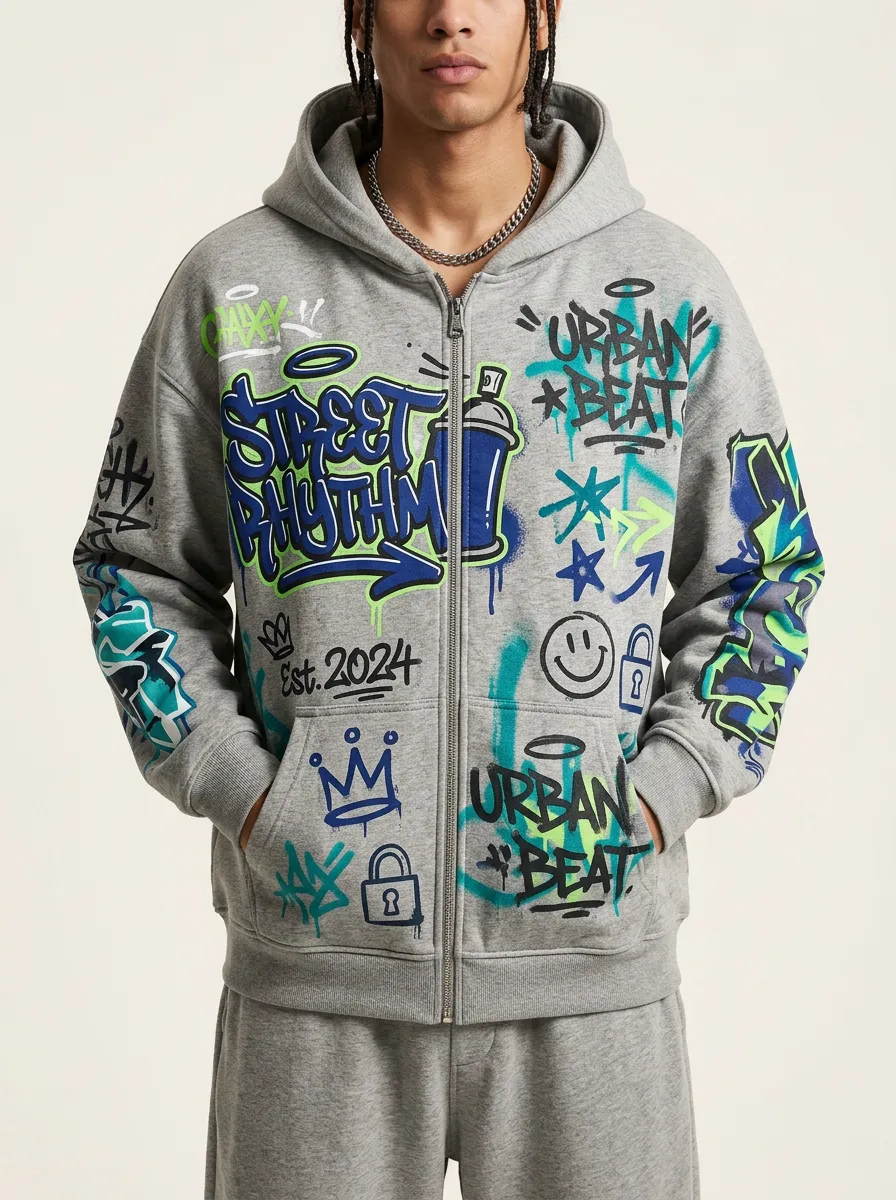 Men's Streetwear Urban Beat Graffiti Printed Zip Up Hoodie