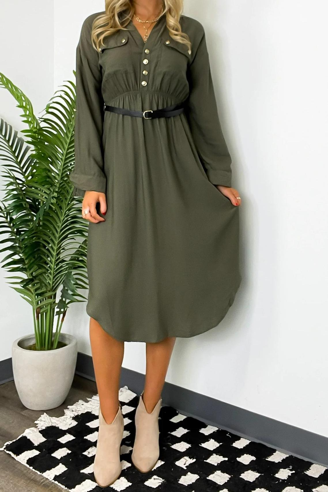 Button Down Belted Midi Dress