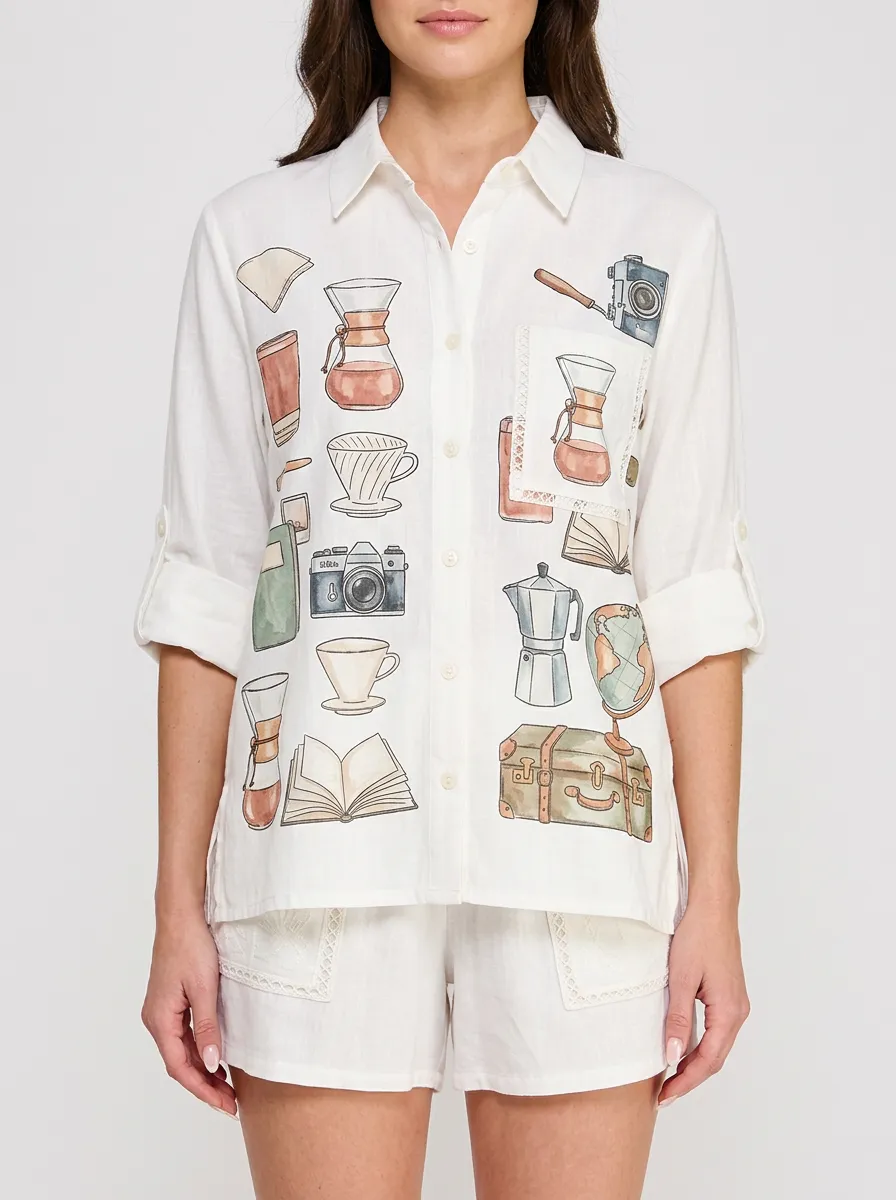 Women's Coffee Lover Travel Hobby Printed Button-up Shirt