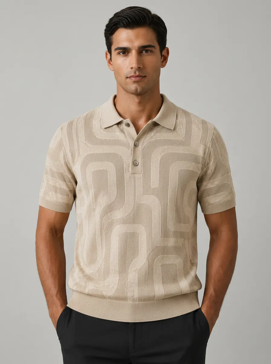 Men's Geometric Pattern Beige Jacquard Knit Polo Shirt