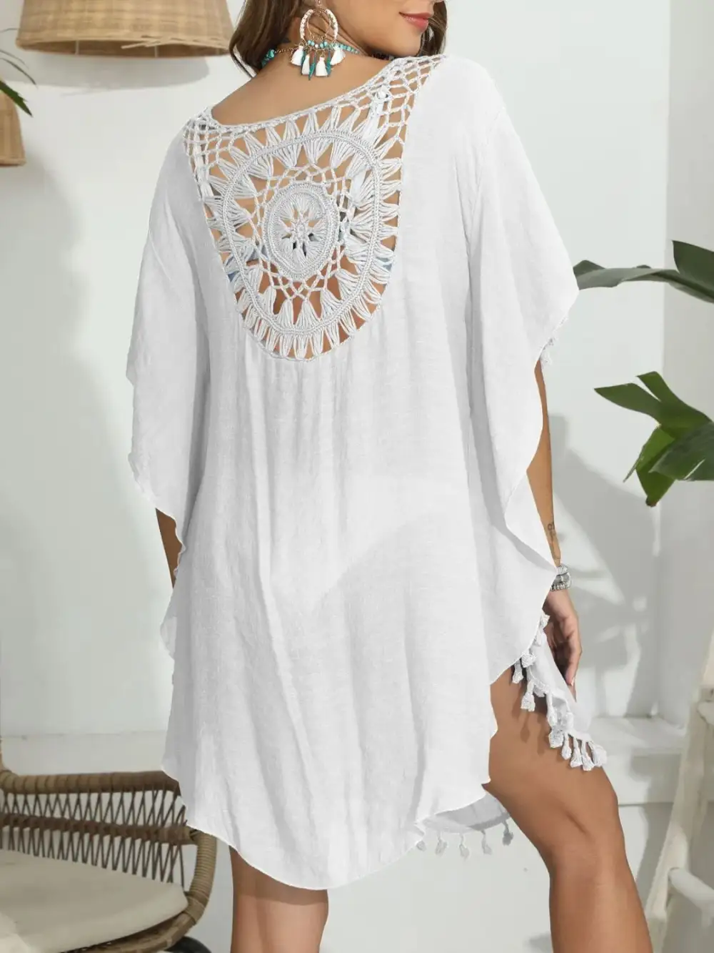 Tassel Crochet Round Neck Swim Cover Up