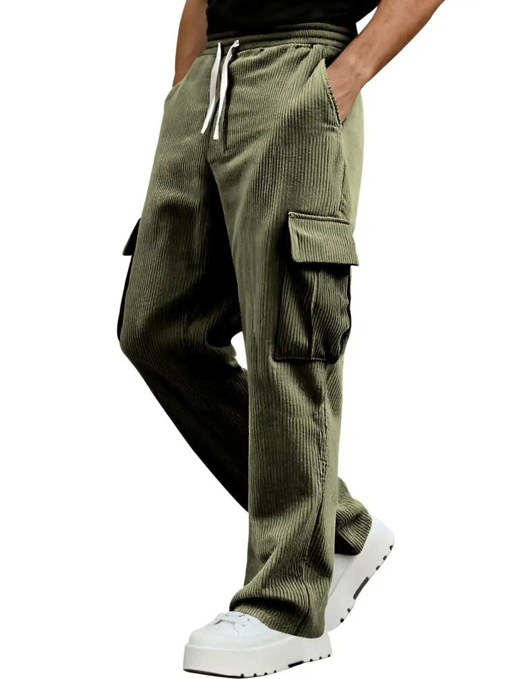 Men's Casual Corduroy Cargo Pants Waist Straight Leg Pockets