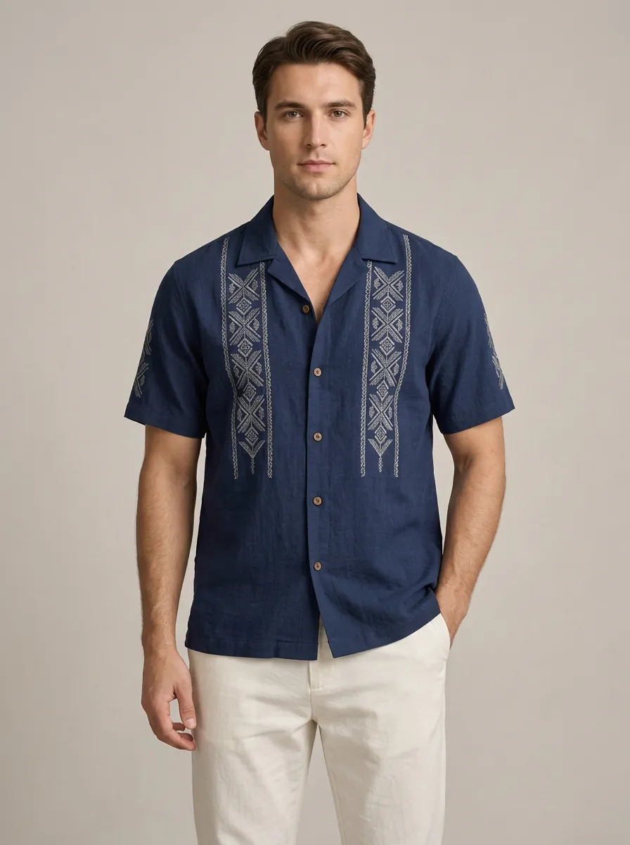 Men's Geometric Boho Embroidered Refined Shirt