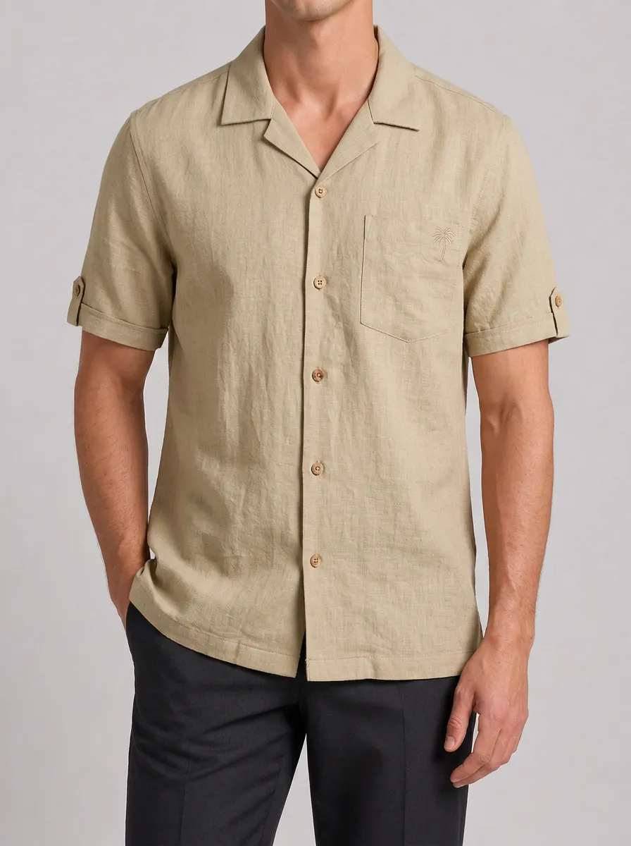 Men's Beach Vacation Palm Tree Embroidered Linen Shirt
