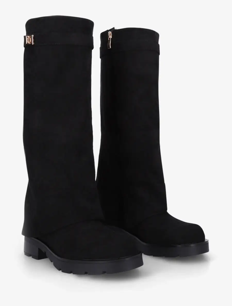 Modern Buckle Detail Block Heel Faux Suede Knee High Boots