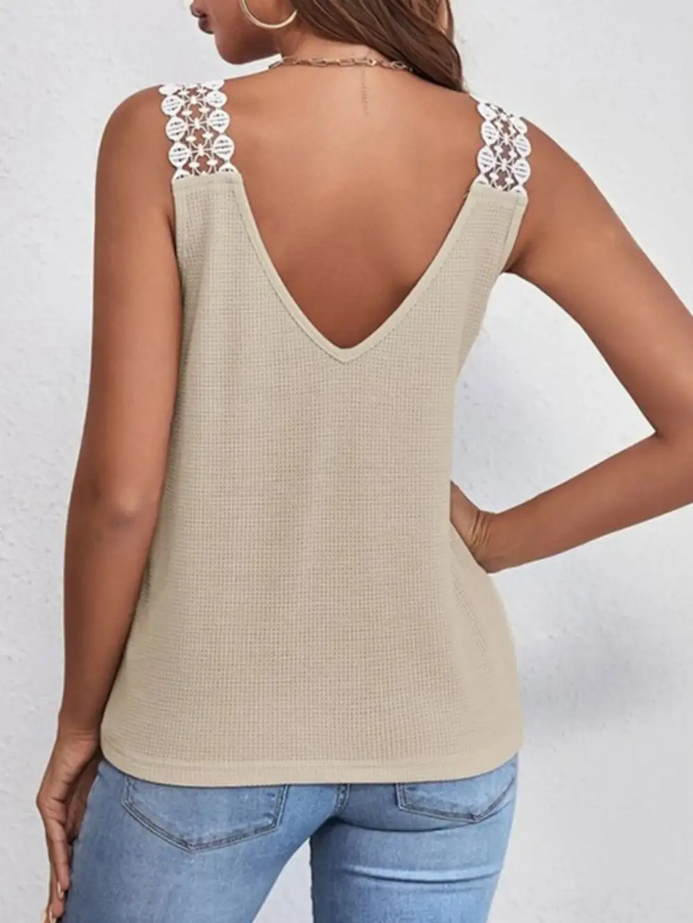 Full Size Lace Trim V Neck Waffle