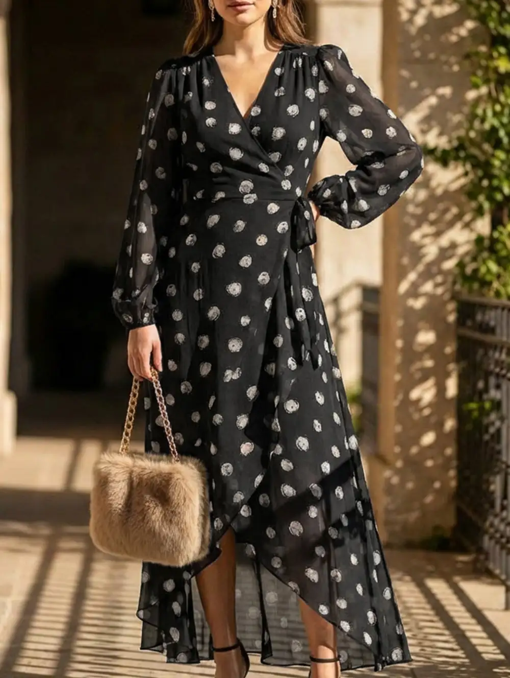 Refined Polka Dot Waist Fit Midi Dress