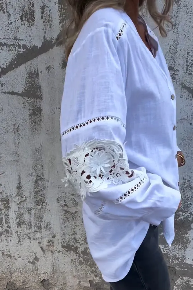 5PACK-Women'S Lace Stitching Cotton And Linen Shirt