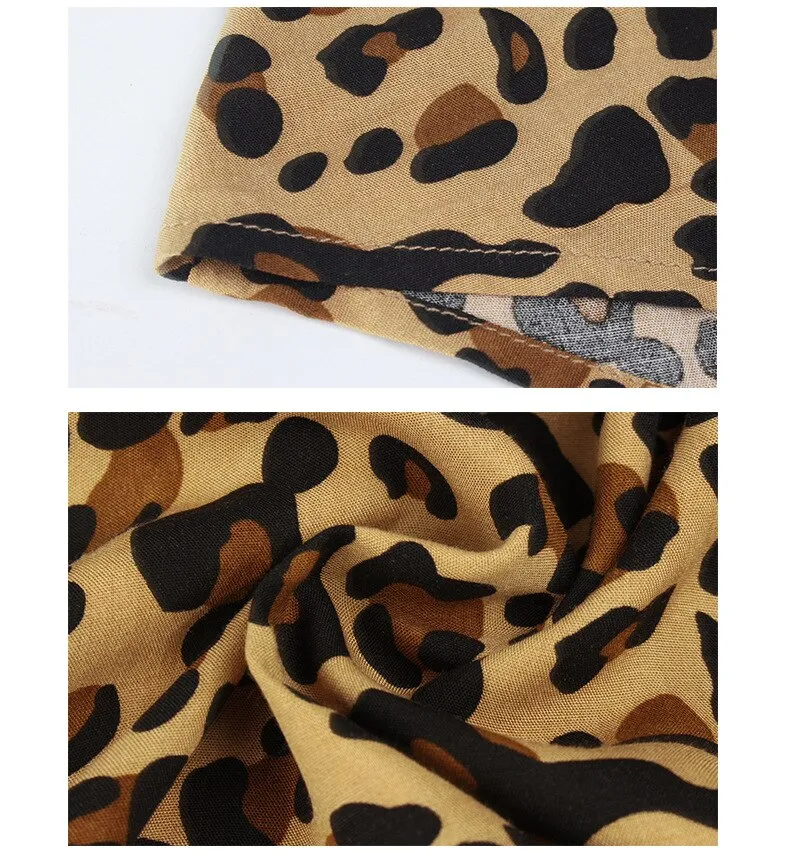 Sexy V Neck Buttons Leoprad Print Short Sleeve High Waist Summer Maxi Dress