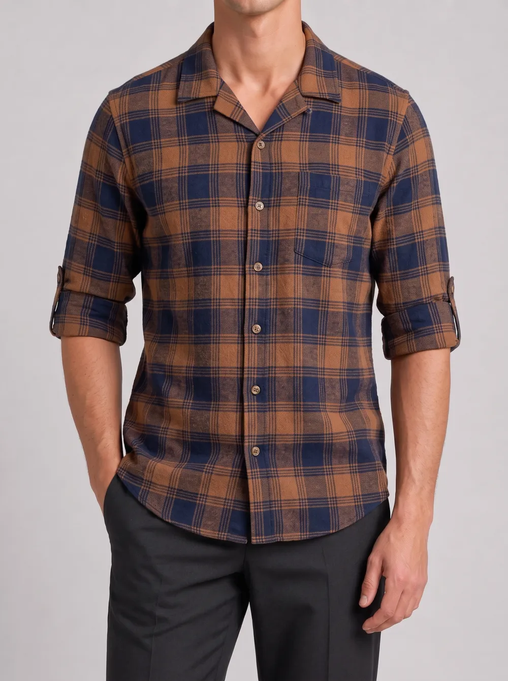 Men's Casual Style Brown Navy Plaid Pattern Printed Shirt