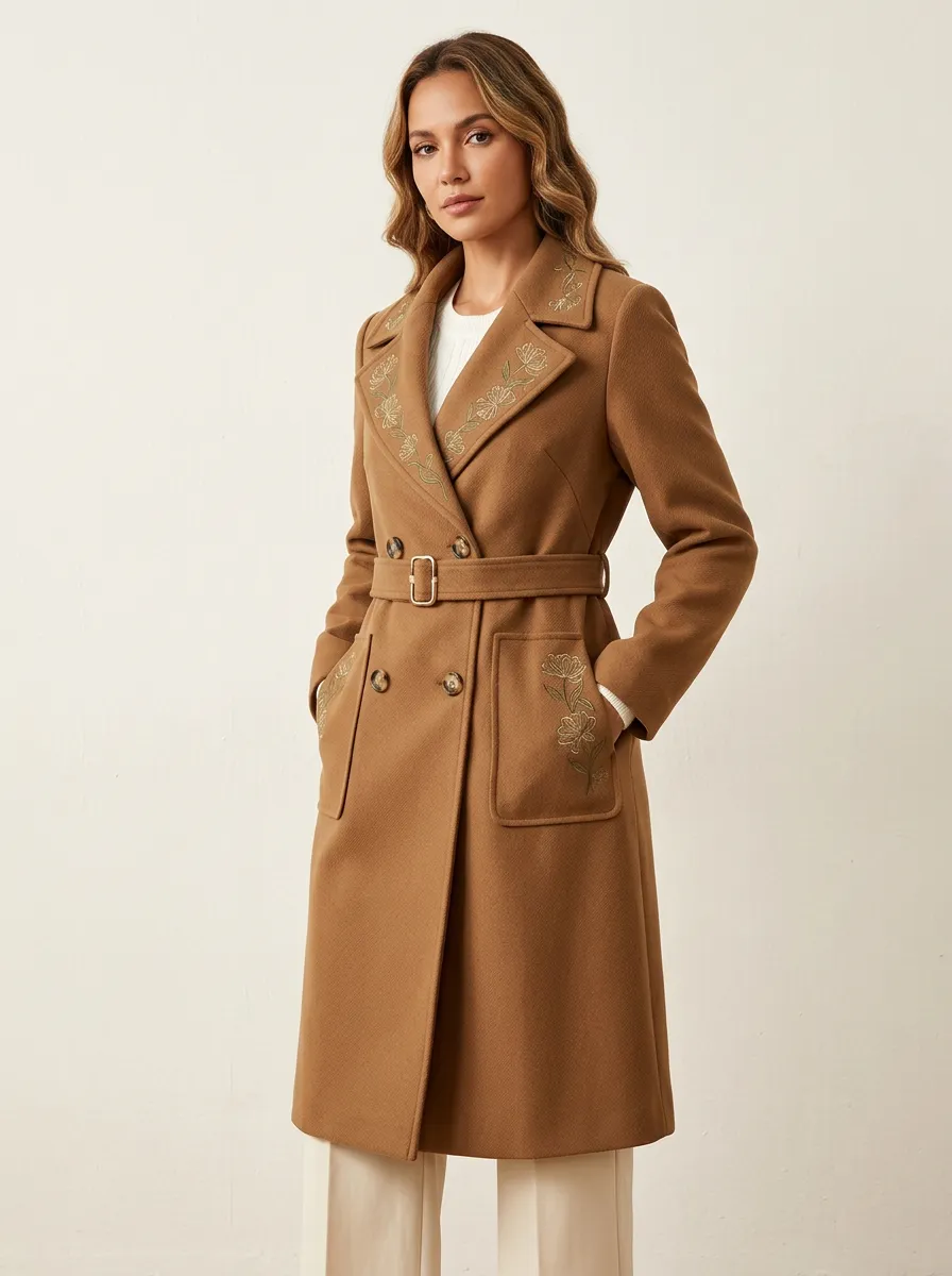 Women's Floral Embroidery Brown Belted Wool Blend Overcoat