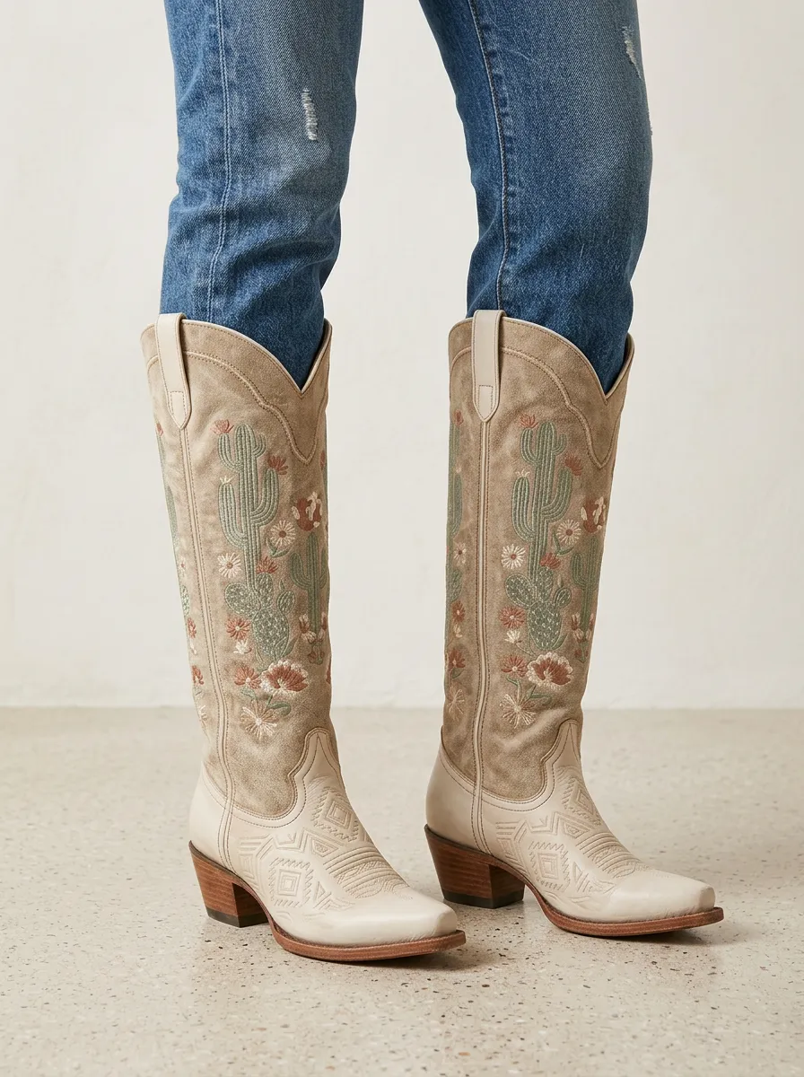 Women's Western Cactus Floral Geometric Embroidered Embossed Block-Heel Denim Over-the-Knee Boots