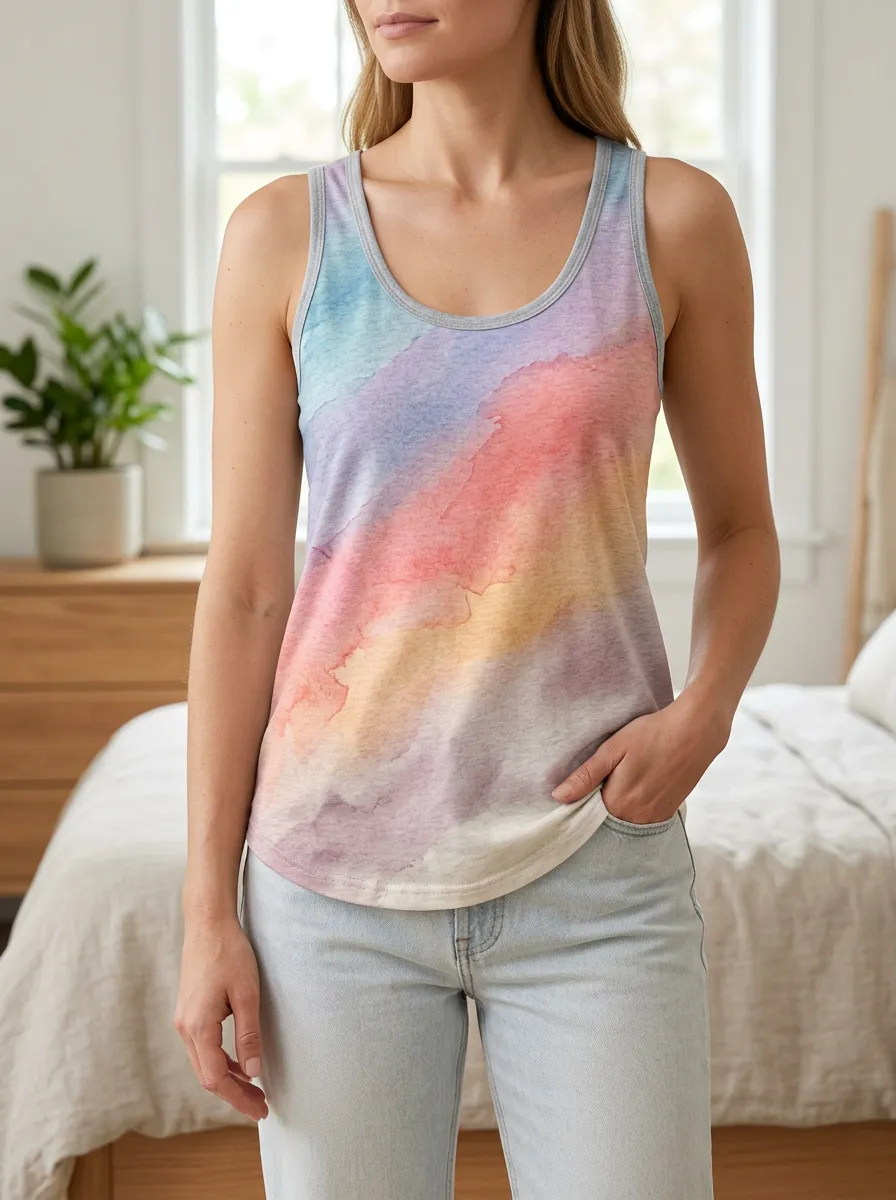 Women's Pastel Watercolor Rainbow Printed Tank Top