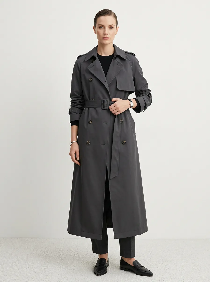 Women's Winter Minimalist Charcoal Grey Belted Long Trench Coat