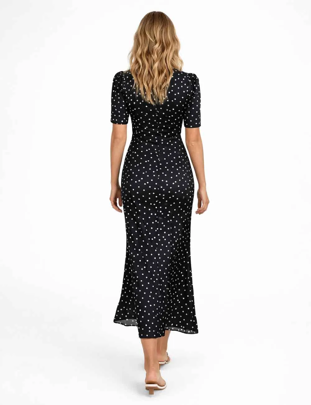 Chic Polka Dot Lace Trim V Neck Short Sleeves Maxi Dress