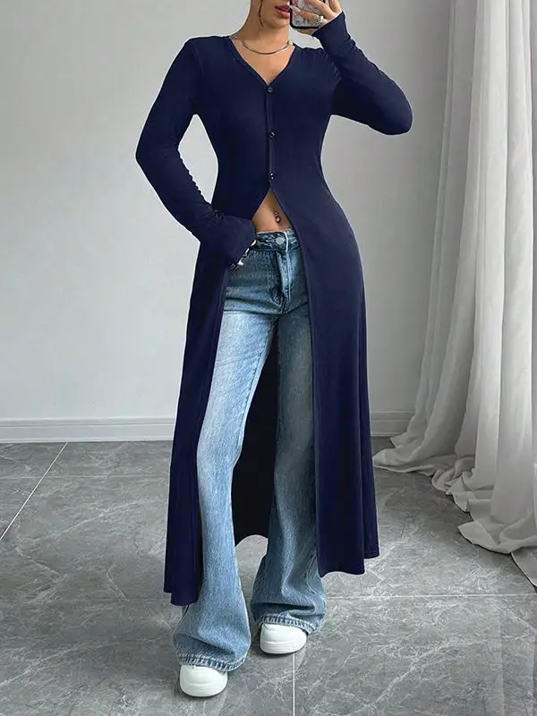 Long Sleeve Slim Fit Button Detail Front Slit V-Neck T-Shirt
