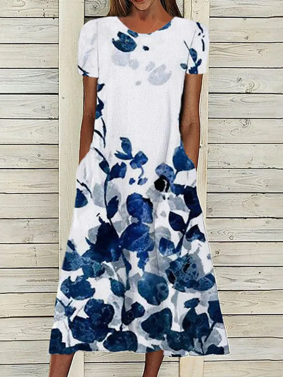Round Neck Loose Casual Floral Print Short Sleeve Midi Dress