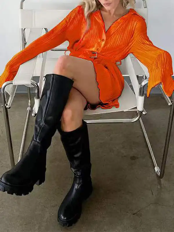 Long Sleeve Buttoned Pleated Solid Color Tied Waist Lapel Mini Dress