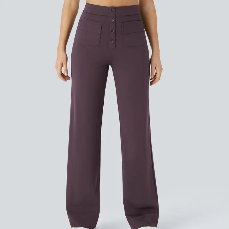 High Waisted Pockets Straight Leg Casual Pants