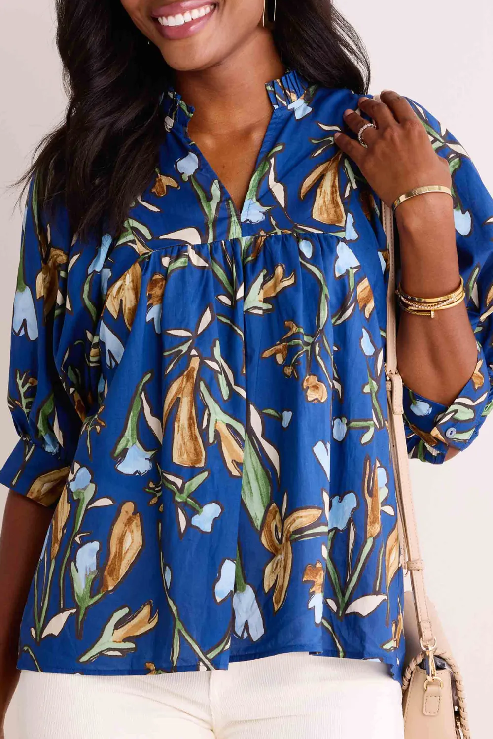 Blue Floral Print V-Neck Long Sleeve Blouse