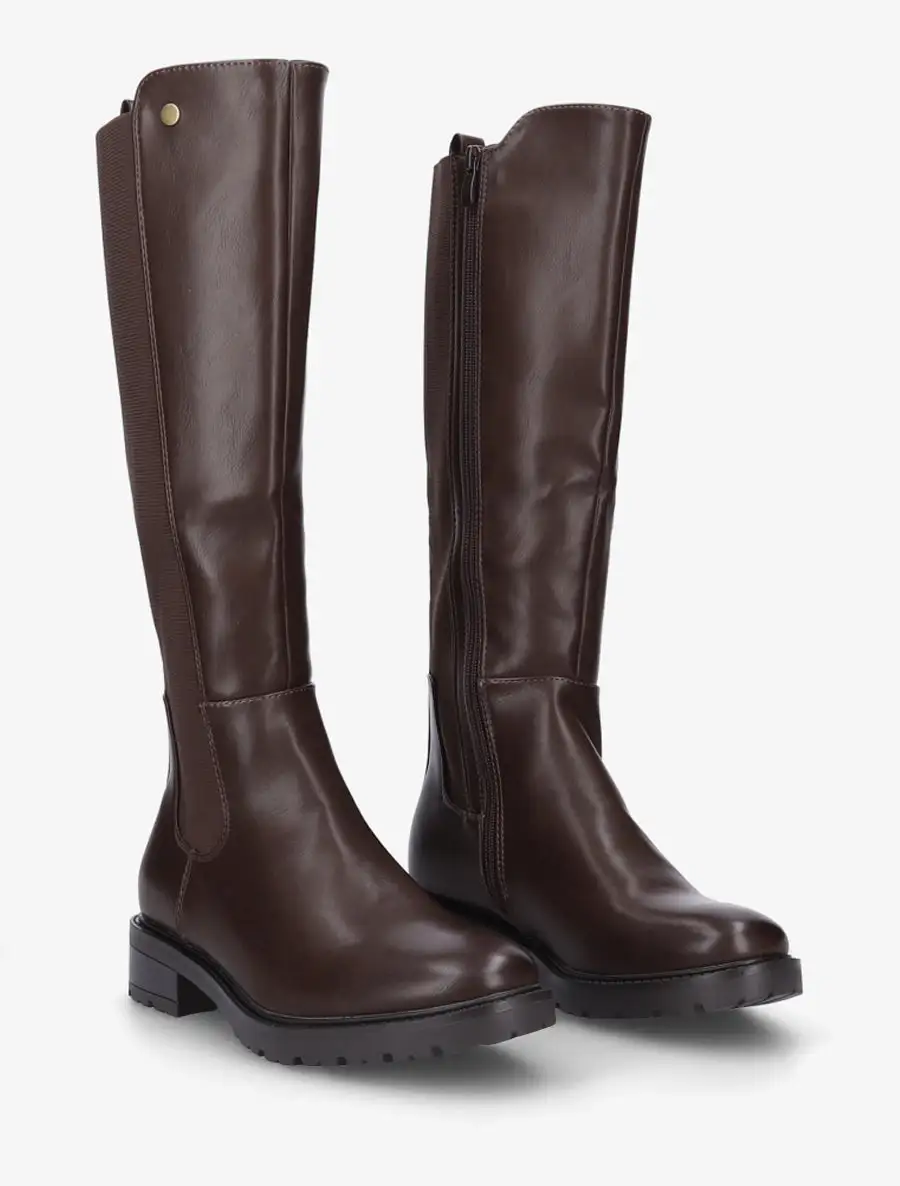 Everyday Stretch Panel Lug Sole Block Heel Faux Leather Knee High Boots