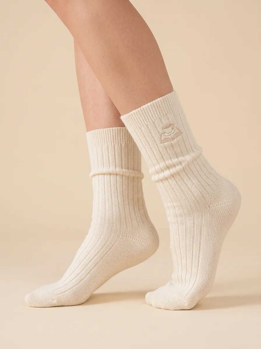 Ribbed Embroidered Coffee-Motif Book-Motif Casual Socks