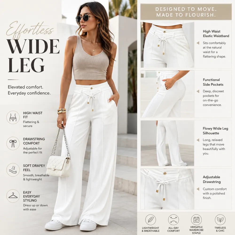 Women’s High Waisted Wide Leg Pants With Drawstring Waist Soft Lightweight Casual Trousers For Everyday Wear