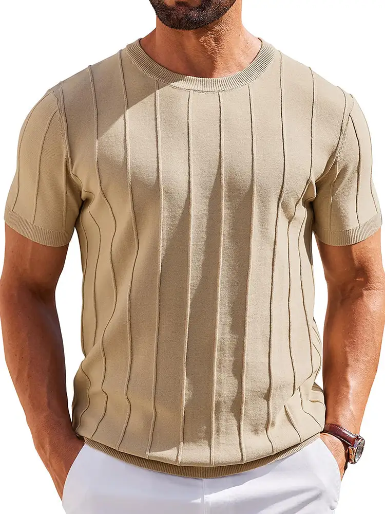 Casual Short Sleeve Ribbed Knit Pullover Tee