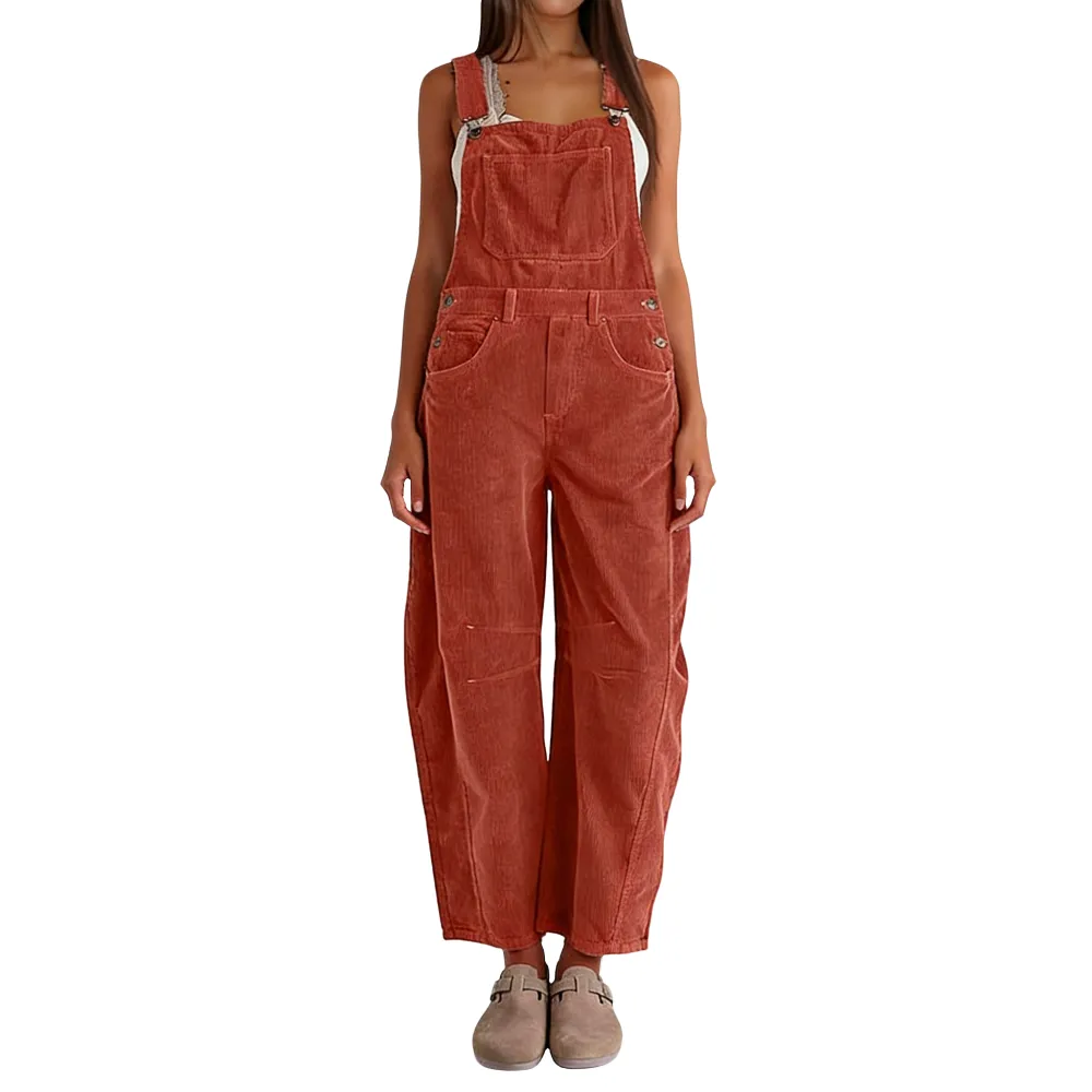 Women Barrel Wide Leg Bib Corduroy Pants