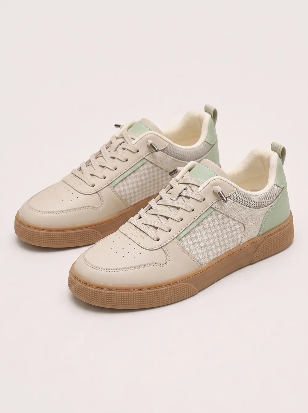 Men's Casual Houndstooth Pattern Beige Green Printed Sneakers